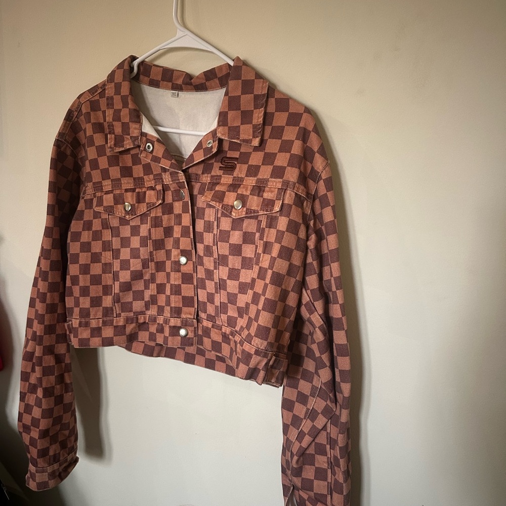 Checkerboard Cropped Denim Jacket - Rust Brown